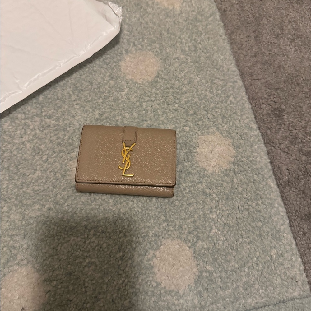 YSL Tan Card Holder with Gold Logo